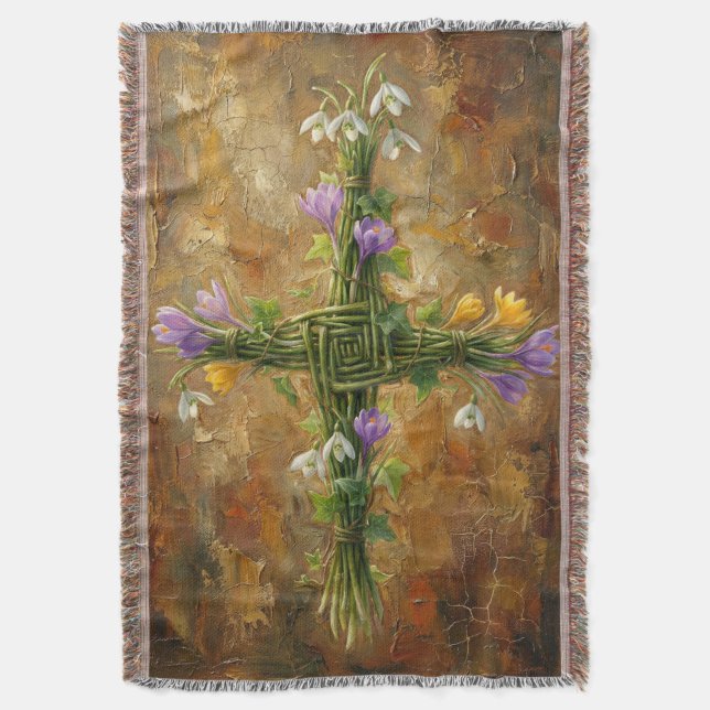 St Brigid Cross Green Rushes Crocus Imbolc Art Decke (Vorderseite Vertikal)