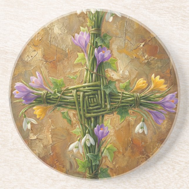 St Brigid Cross Green Rushes Crocus Imbolc Art Getränkeuntersetzer (Vorne)