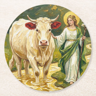 St. Brigid & Die Weiße Kuh (Imbolc) Runder Pappuntersetzer