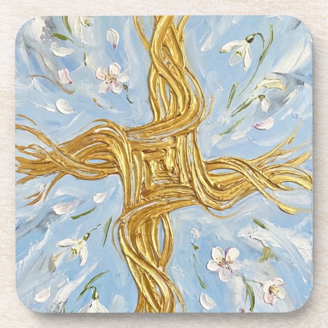 St Brigid's Cross Snowdrops Golden Imbolc Art Getränkeuntersetzer (Vorderseite)