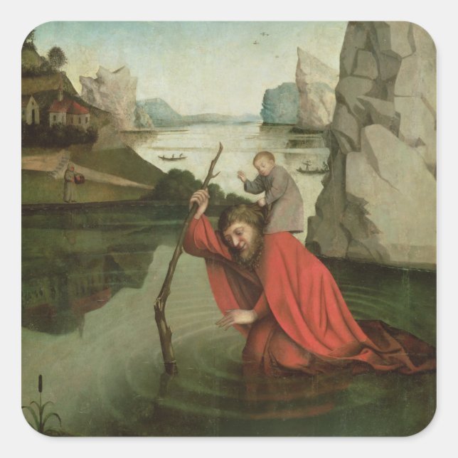 St. Christopher trägt das Christ Child Quadratischer Aufkleber (Vorderseite)