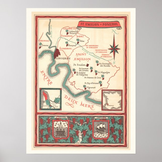 St. Emilion Bordeaux Wein Karten Druck Poster (Vorne)