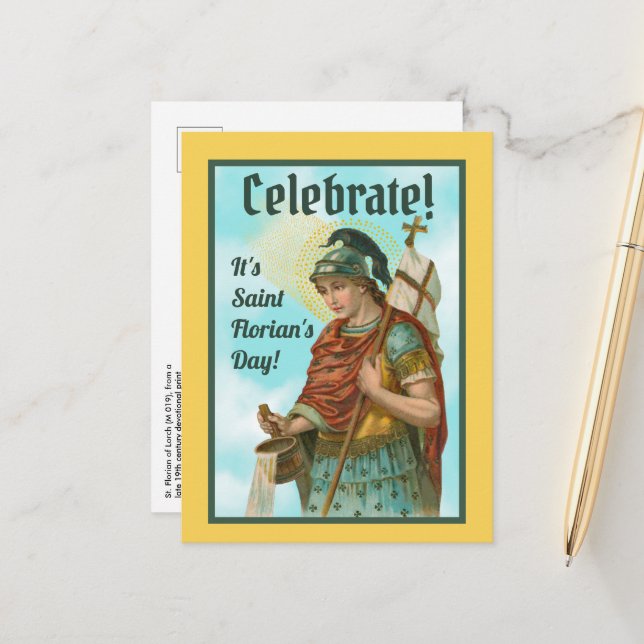 St. Florian mit Eimer (Clear Skies; M 019) Postkarte (Vorderseite/Rückseite Beispiel)