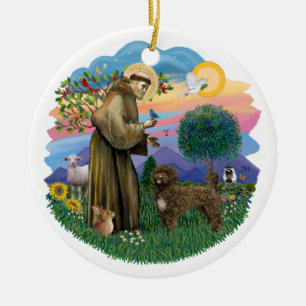 St. Francis - Braun Portugiesischer Wasserdog Keramik Ornament
