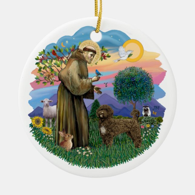 St Francis - Brown Portugiesischer Wasserdog Keramik Ornament (Vorne)