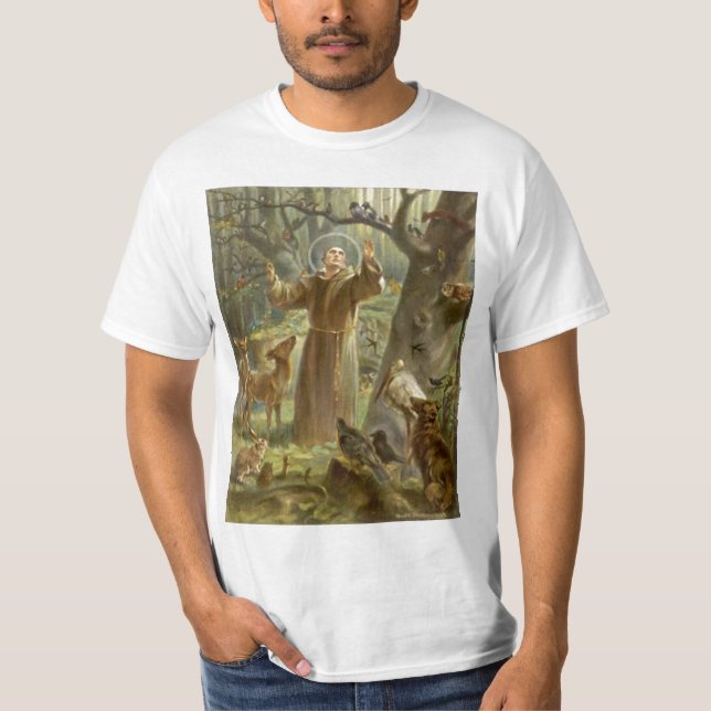 St Francis von Assisi predigend zu den Tieren T-Shirt (Vorderseite)