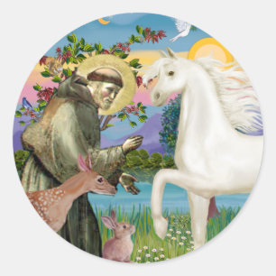 St. Franziskus - Weißes arabisches Pferd Runder Aufkleber