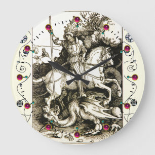 ST. GEORGE AND DRAGON , Black White Große Wanduhr