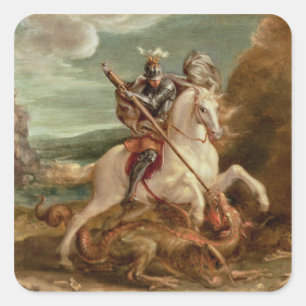 St George, das den Drachen, (Öl, tötet auf Platt Quadratischer Aufkleber