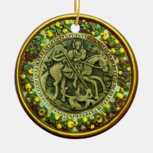 ST.GEORGE, DRAGON/MADONNA UND KINDERBLUMENKROWN KERAMIK ORNAMENT