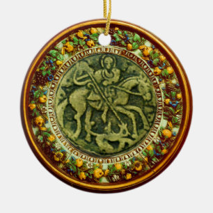 ST.GEORGE, DRAGON/MADONNA UND KINDERBLUMENKROWN KERAMIK ORNAMENT