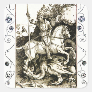 ST. GEORGE UND DRAGON , Schwarz-weiß Quadratischer Aufkleber