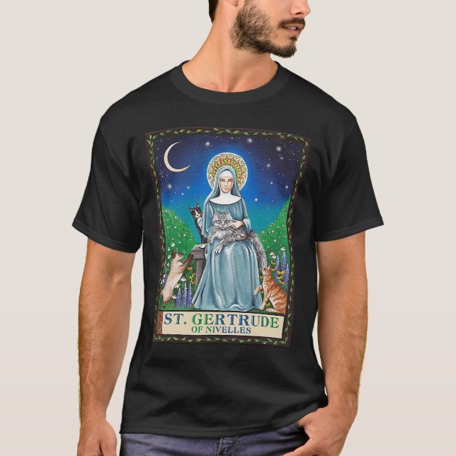 St. Gertrude von Nivelles Patron von Katzen Gesche T-Shirt (Vorderseite)