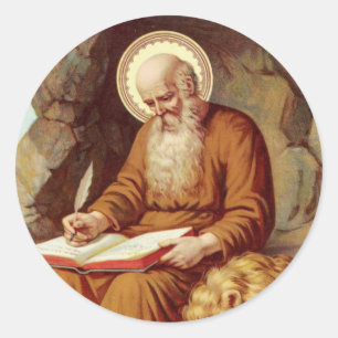 St. Jerome schreibt Schrift mit Löwen Runder Aufkleber