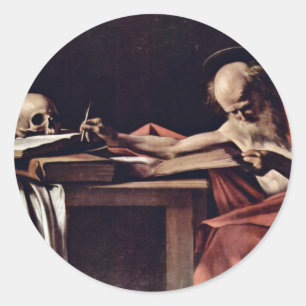 St- Jeromeschreiben durch Michelangelo Merisi DA Runder Aufkleber