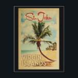St John Palm Tree Vintage Travel Postkarte<br><div class="desc">Ein einzigartiges Retrodesign aus der Mitte des Jahrhunderts erbauter,  moderner St. John Jungfrau Islands Kunstdruck im Vintage-Reiseplakatstil. Es verfügt über eine geschwungene Palme am Sandstrand mit Ozean unter einem blauen bewölkten Himmel.</div>