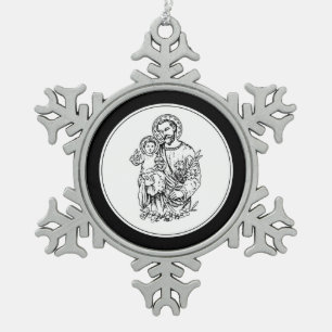 St. Joseph bete für uns Schwarz, Weiß, Katholisch Schneeflocken Zinn-Ornament