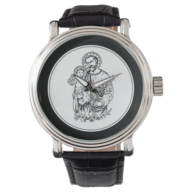 St. Joseph betet für uns Schwarz, Weiß, Katholik Armbanduhr (Vorderseite)