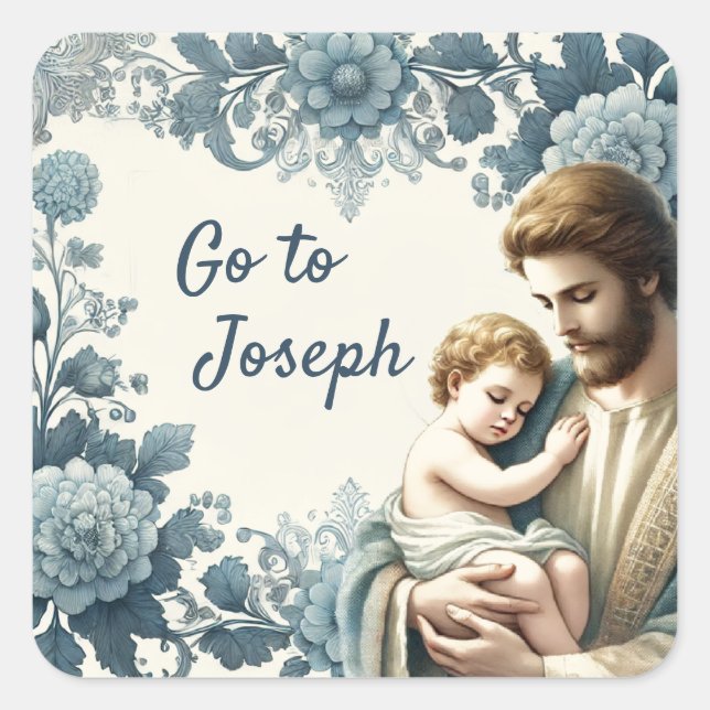 St. Joseph Jesus Blue Floral Religious Quadratischer Aufkleber (Vorderseite)