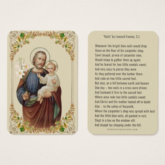 St. Joseph Religious Gedicht "Nails" von Feeney (Vorne & Hinten)