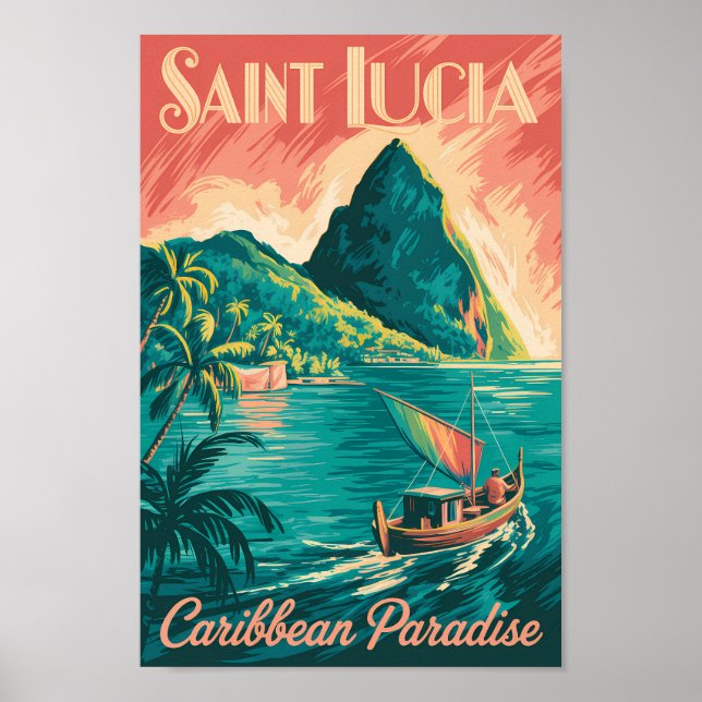 St. Lucia Boot Illustration Reise Kunst Vintage Poster (Vorne)