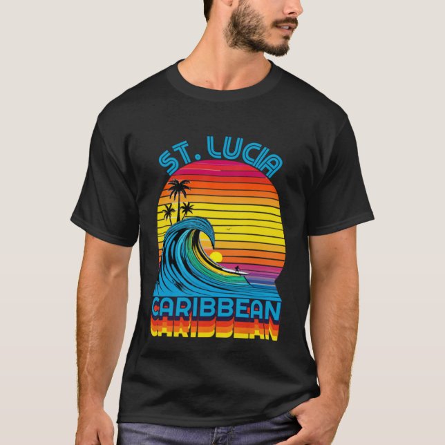 St Lucia Caribbean Retro Throwback Surf & Beach So T-Shirt (Vorderseite)
