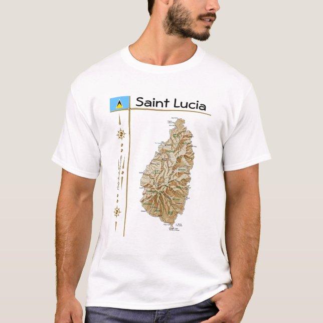 St. Lucia Karte + Flagge + T - Shirt (Vorderseite)