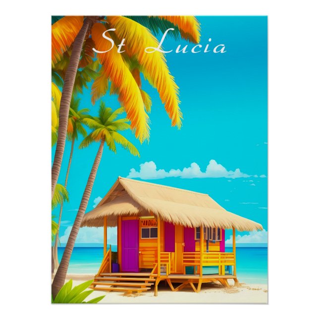 St Lucia Strandhütte Reiseplakat Poster (Vorderseite)