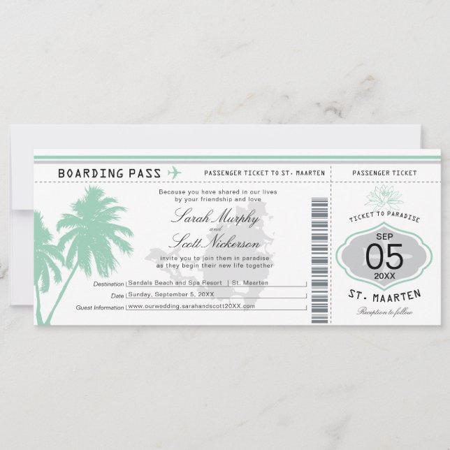 St. Martin Boarding Pass Hochzeit in Urlaubsort Einladung (Vorderseite)
