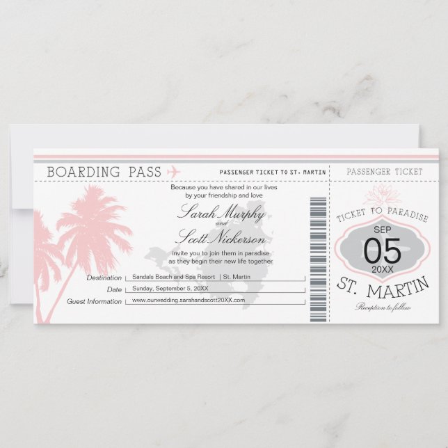 St. Martin Boarding Pass Hochzeit in Urlaubsort Einladung (Vorderseite)