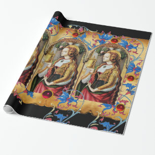 ST MARY MAGDALENE BLUE FLORAL PARCHMENT RED GEMS GESCHENKPAPIER