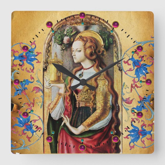 ST MARY MAGDALENE Red Blue Floral Wirbel Quadratische Wanduhr (Vorderseite)