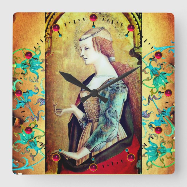 ST MARY MAGDALENE Yellow Blue Floral Wirbel Quadratische Wanduhr (Vorderseite)