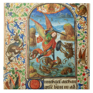 ST. MICHAEL ARCHANGEL UND DRAGON Flämische Miniatu Fliese