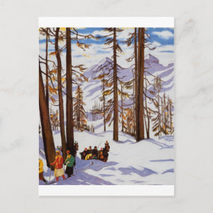 St. Moritz Vintage Skifahrer Alpine Eleganz Kunst Postkarte