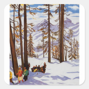 St. Moritz Vintage Skifahrer Alpine Eleganz Kunst Quadratischer Aufkleber