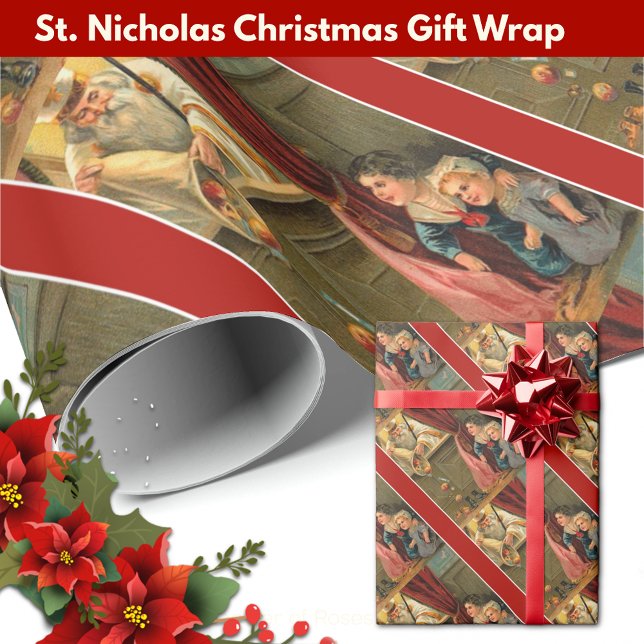 St. Nicholas Children Fruit Toys Fest Weihnachten Geschenkpapier (Festive Christmas gift wrap with St. Nicholas handing out candy to the children! )