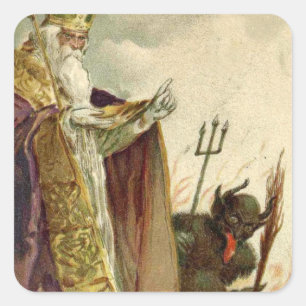 St. Nicholas Krampus Pitchfork Priester Quadratischer Aufkleber