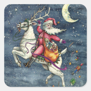 ST. NICK, FLIEGENDE WEISSE RENTIERE, WEIHNACHTSZAU QUADRATISCHER AUFKLEBER