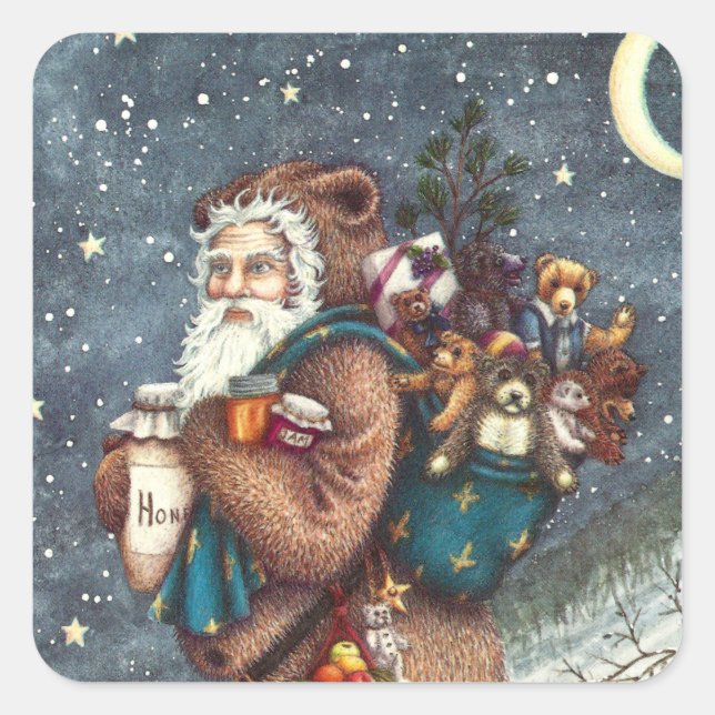 ST. NICK IN TEDDY BEAR ANZUG, CHRISTMAS TEDDIES QUADRATISCHER AUFKLEBER (Vorderseite)