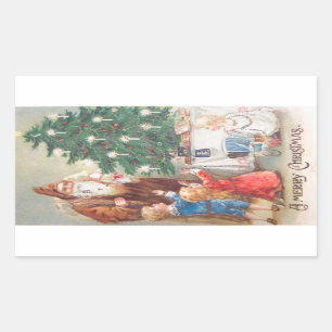 St. Nikolaus im braunen Anzug mit Kindern Vintage Rechteckiger Aufkleber