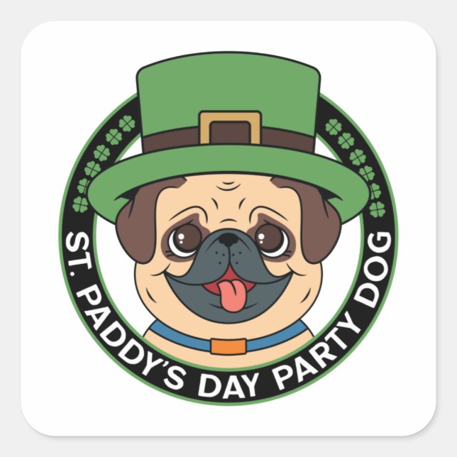 St. Paddy's Day Party Mops Dog Quadratischer Aufkleber (Vorderseite)