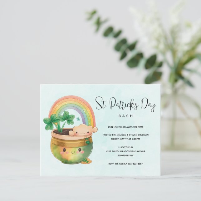 St. Paddy's Day Rainbow & Clover Party Einladung Postkarte (Stehend Vorderseite)