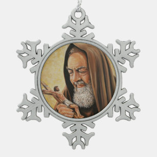 St. Padre Pio mit Kruzifix Schneeflocken Zinn-Ornament