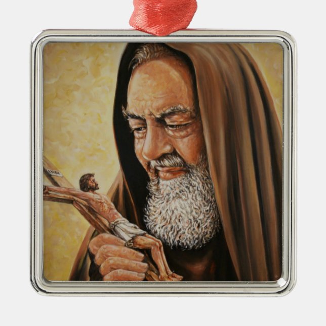 St. Padre Pio mit Kruzifix Silbernes Ornament (Vorne)