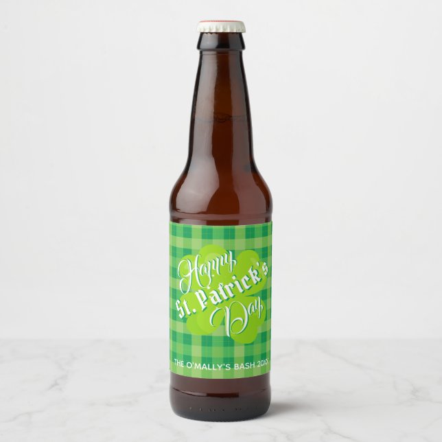 St Patrck's Day Lucky Clover Green Tartan Custom Bierflaschenetikett (Vorderseite)