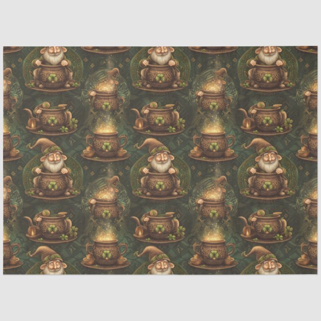 St Patrick Gnome Magic Cauldron Dark Wood Seidenpapier (Vorderseite)