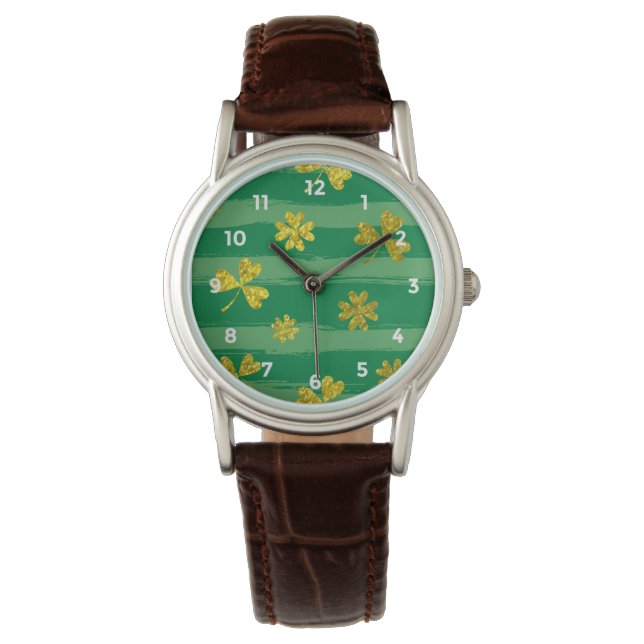St Patrick Golden Kleeblatt, grüne Streifen Armbanduhr (Vorderseite)