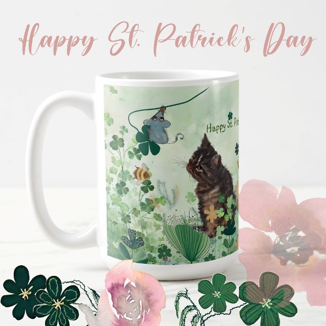 ST. Patrick Holiday Tasse mit Katz und Maus (Happy St Patrick's Day with Music Mug featuring Cat and mice with beautiful Nature as background )