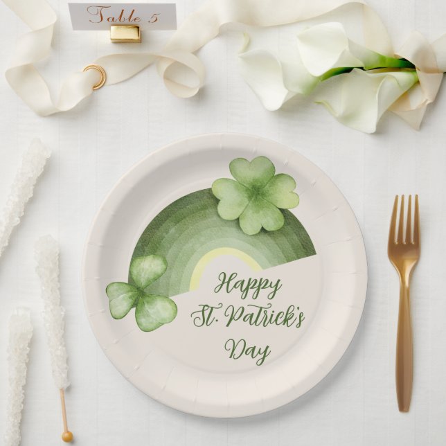 St. Patrick’s Day – Aquarell-Kleeblatt-Regenbogen Pappteller (Hochzeit)
